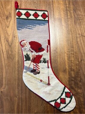 Handmade Needlepoint Santa golfing Christmas Stocking - Red, White, Green